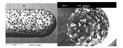 Figure 5. SEM micrograph of a conventional sintered diamond bur showing one diamond particle embedded in a binder matrix material. [1]
